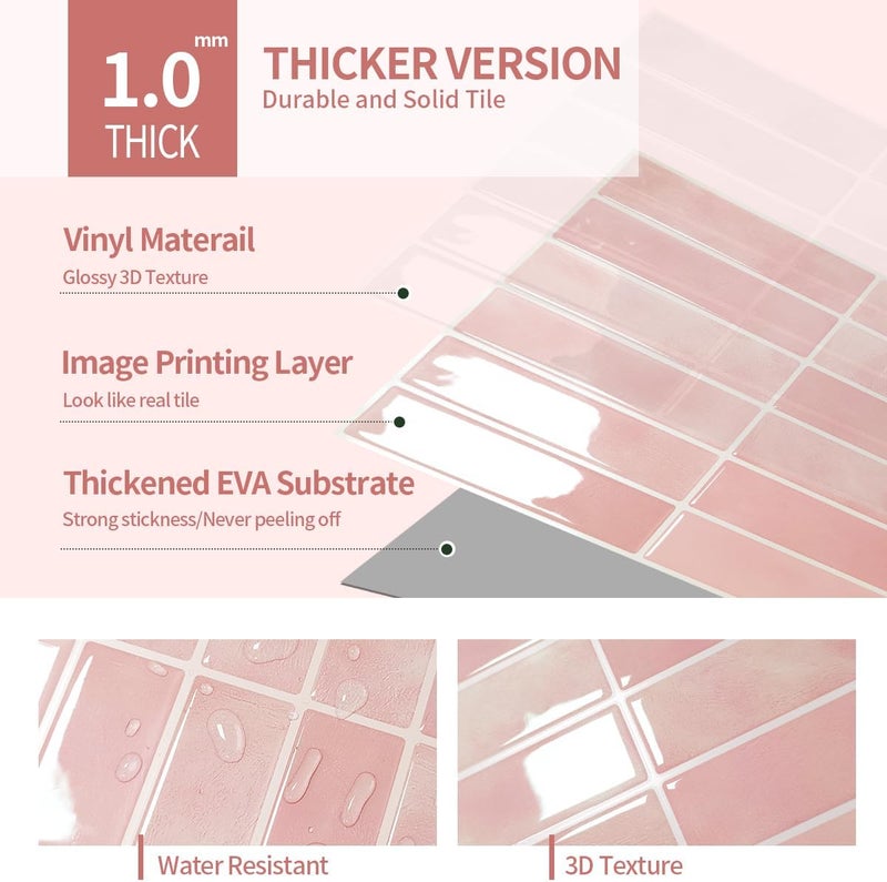 DaGou Peel and Stick Backsplash 3D Wall Tiles,Self-Adhesive,Oil Proof,Waterproof, Removable Wall Panels for Kitchen & Bathroom,Modern Design, Easy Install (10.7ft，12x9 inch,14 Pack) (Pink) - Image 3